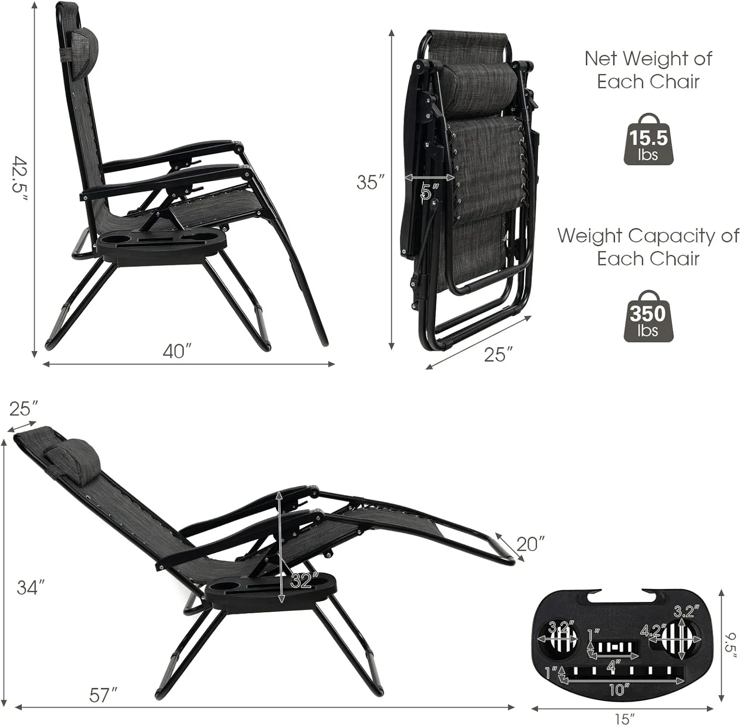 Goplus Zero Gravity Lounge Chairs, 160°Adjustable Folding Recliner w/Pillow and Cup Holder, 350LBS Comfy Outdoor Lounge Chairs for Patio, Lawn, Yard & Camp(1, Gray)