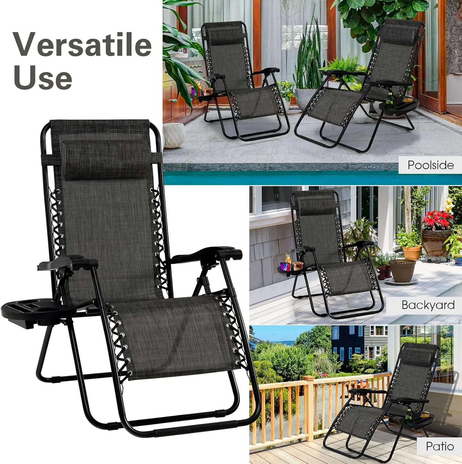 Goplus Zero Gravity Lounge Chairs, 160°Adjustable Folding Recliner w/Pillow and Cup Holder, 350LBS Comfy Outdoor Lounge Chairs for Patio, Lawn, Yard & Camp(1, Gray)