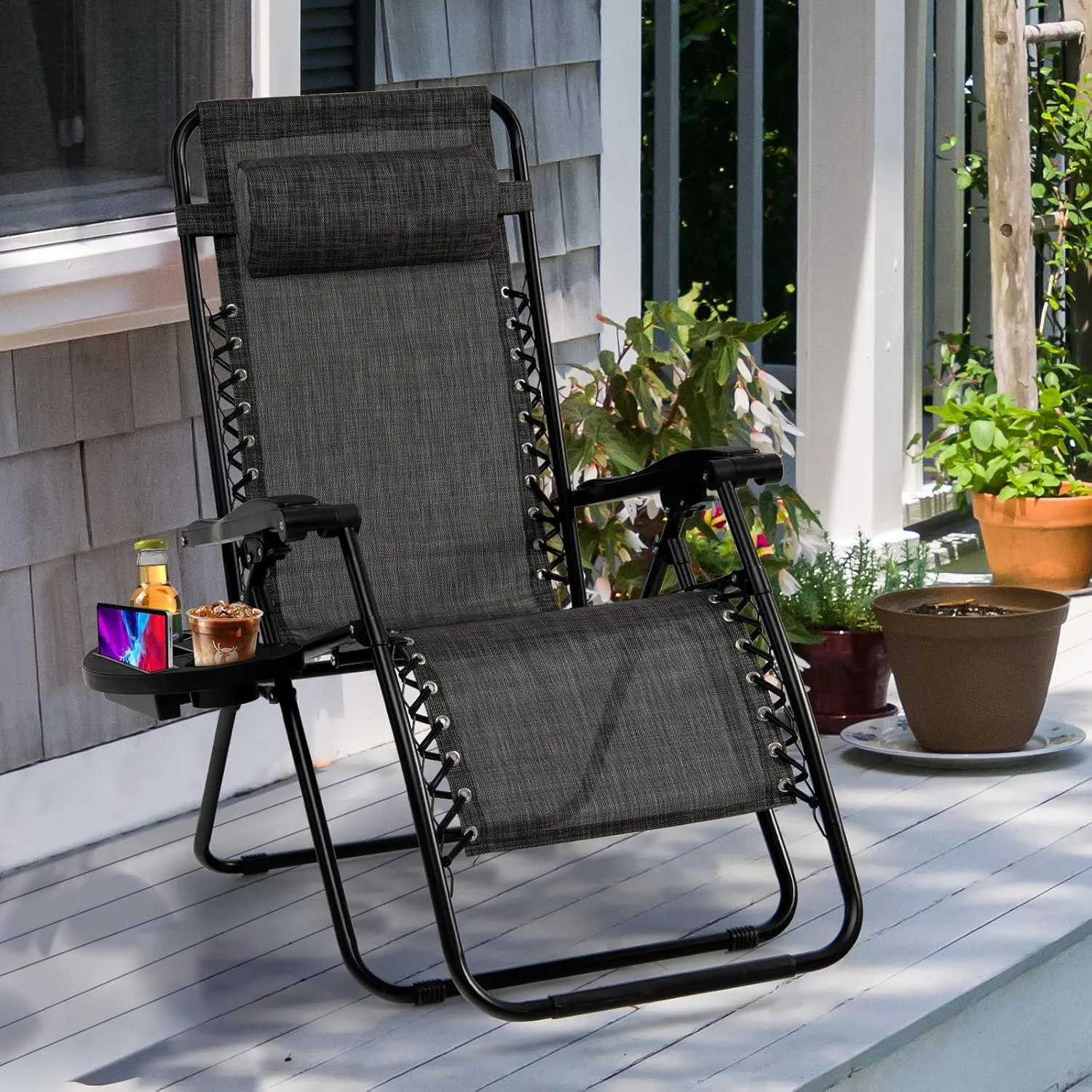 Goplus Zero Gravity Lounge Chairs, 160°Adjustable Folding Recliner w/Pillow and Cup Holder, 350LBS Comfy Outdoor Lounge Chairs for Patio, Lawn, Yard & Camp(1, Gray)