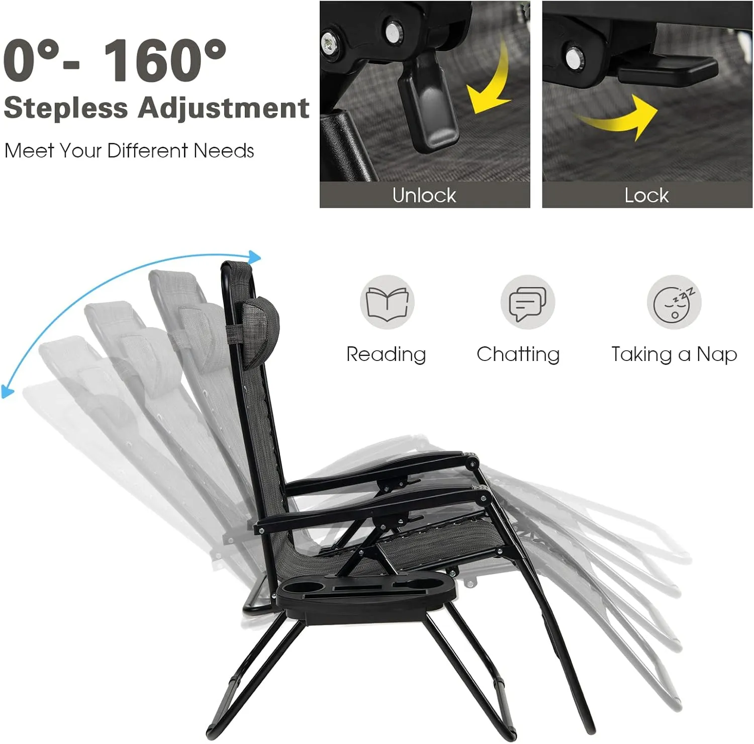 Goplus Zero Gravity Lounge Chairs, 160°Adjustable Folding Recliner w/Pillow and Cup Holder, 350LBS Comfy Outdoor Lounge Chairs for Patio, Lawn, Yard & Camp(1, Gray)