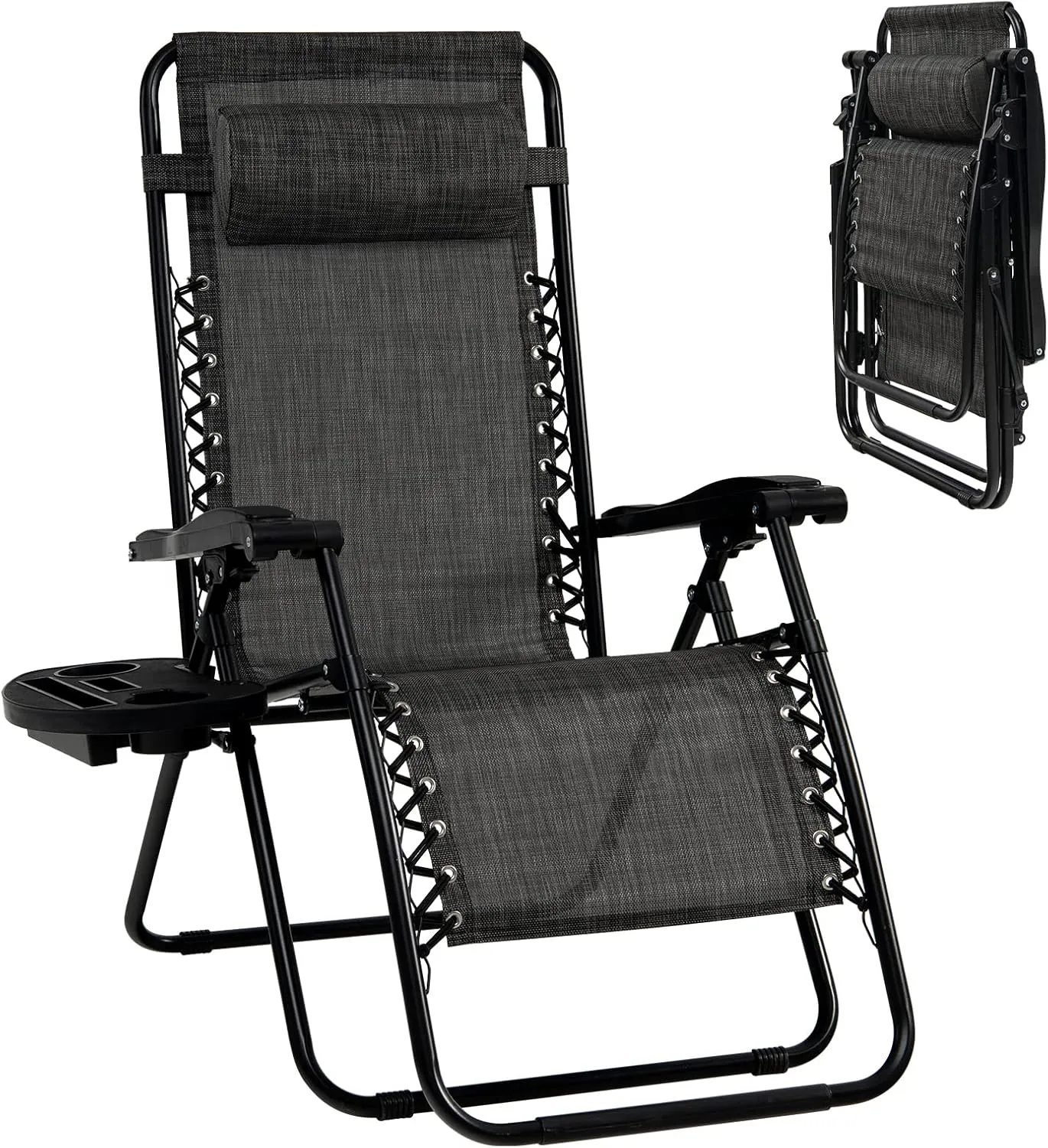 Goplus Zero Gravity Lounge Chairs, 160°Adjustable Folding Recliner w/Pillow and Cup Holder, 350LBS Comfy Outdoor Lounge Chairs for Patio, Lawn, Yard & Camp(1, Gray)