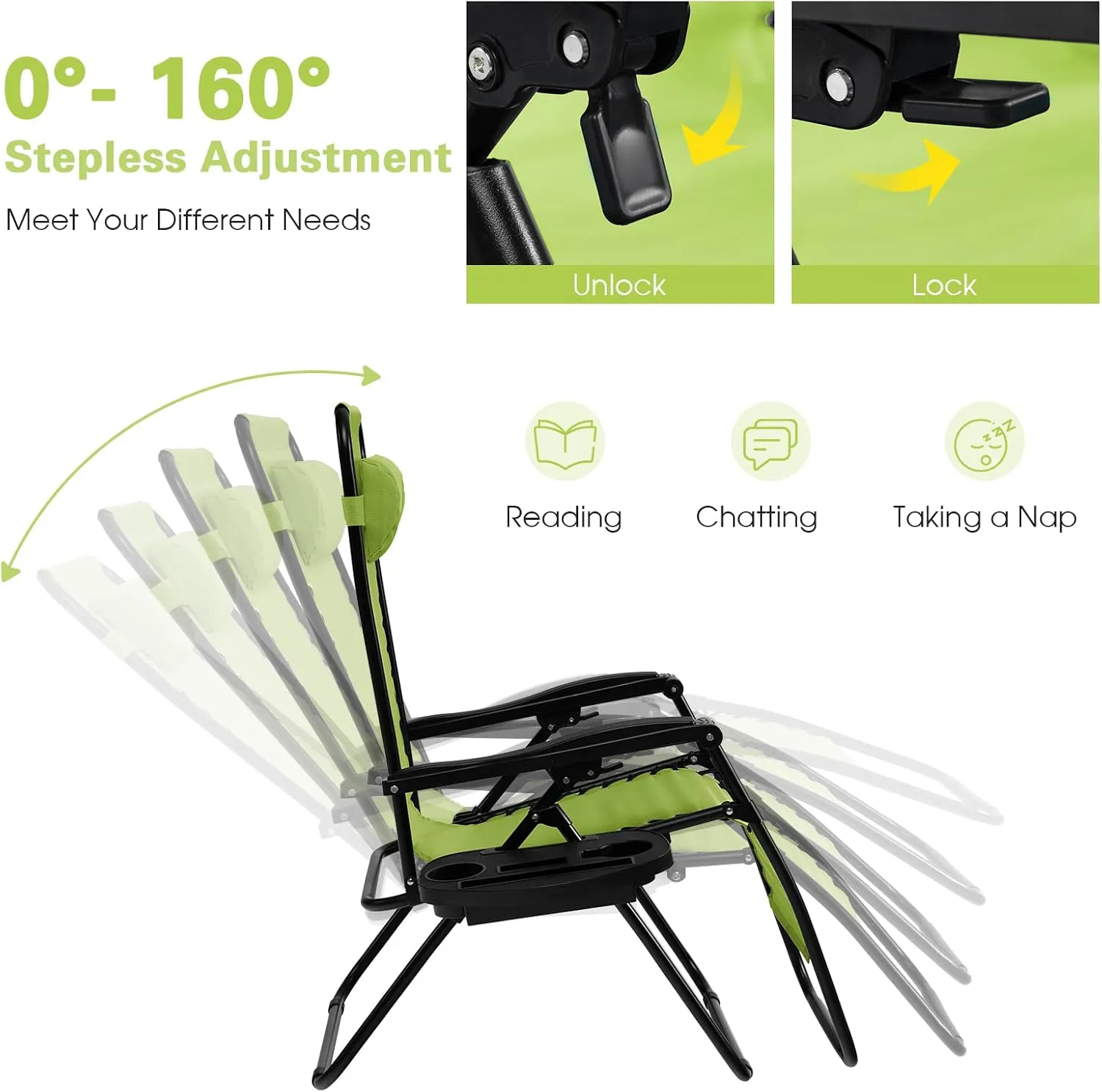 Goplus Zero Gravity Lounge Chairs, 160°Adjustable Folding Recliner w/Pillow and Cup Holder, 350LBS Comfy Outdoor Lounge Chairs for Patio, Lawn, Yard & Camp(1, Green)