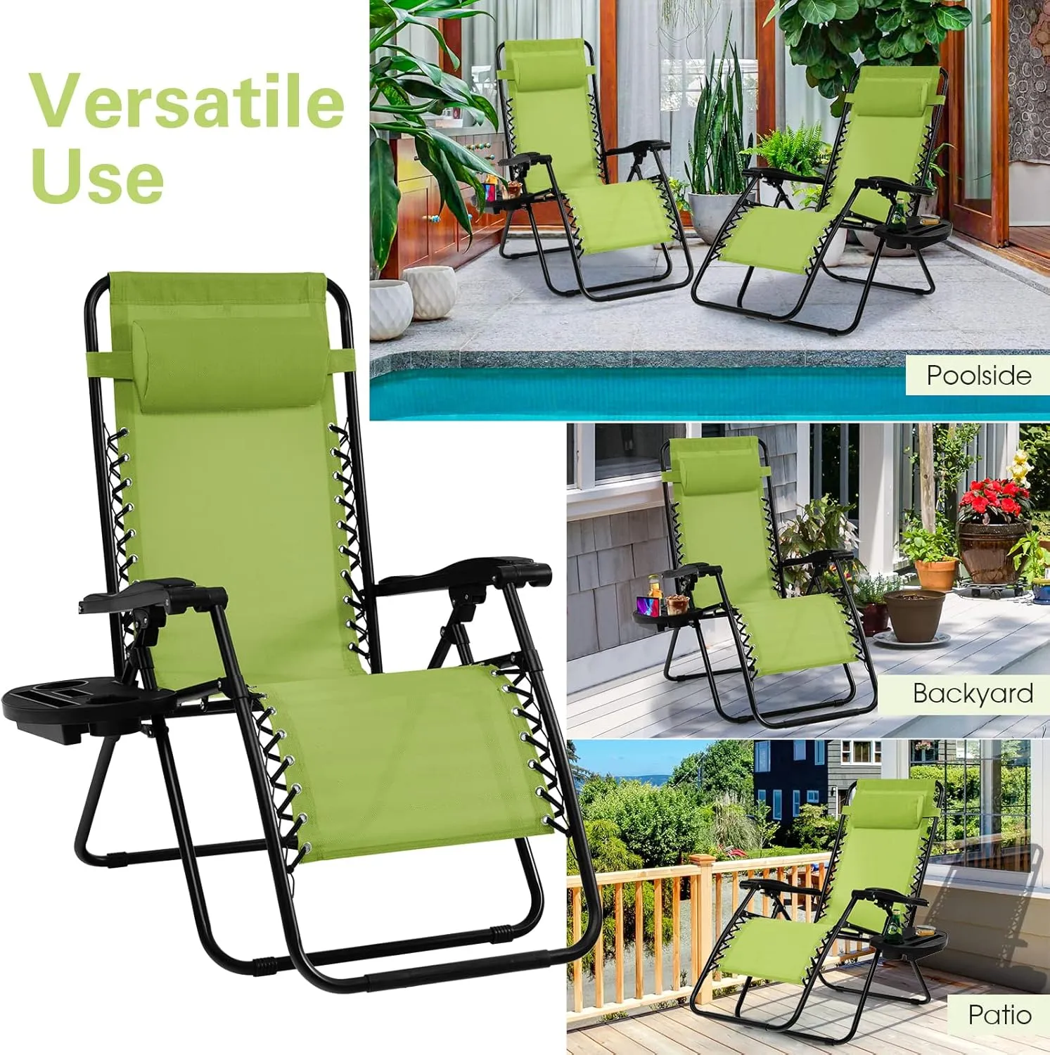Goplus Zero Gravity Lounge Chairs, 160°Adjustable Folding Recliner w/Pillow and Cup Holder, 350LBS Comfy Outdoor Lounge Chairs for Patio, Lawn, Yard & Camp(1, Green)