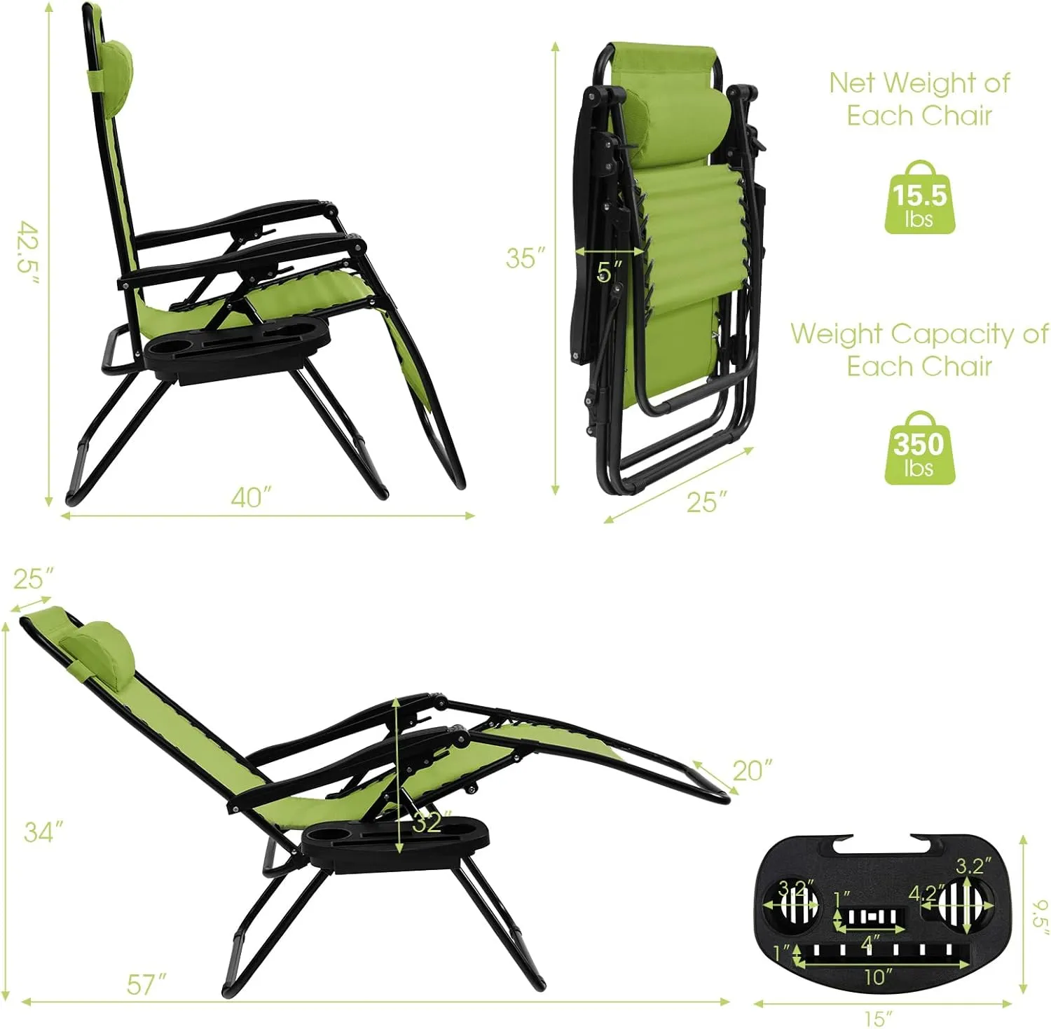 Goplus Zero Gravity Lounge Chairs, 160°Adjustable Folding Recliner w/Pillow and Cup Holder, 350LBS Comfy Outdoor Lounge Chairs for Patio, Lawn, Yard & Camp(1, Green)