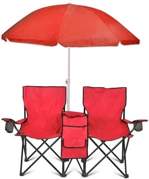 GoTeam Portable Double Folding Chair w/Removable Umbrella, Cooler Bag and Carry Case - Red