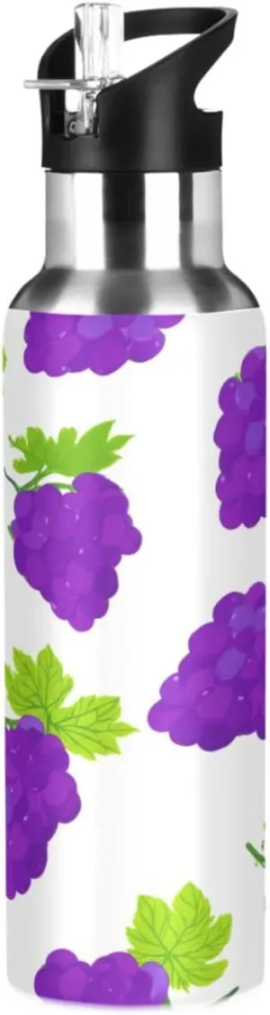 Grapes Sports Water Bottle with Straw, 22oz BPA Free Stainless Steel Vacuum Insulated Bottle for Gym Fitness Outdoor
