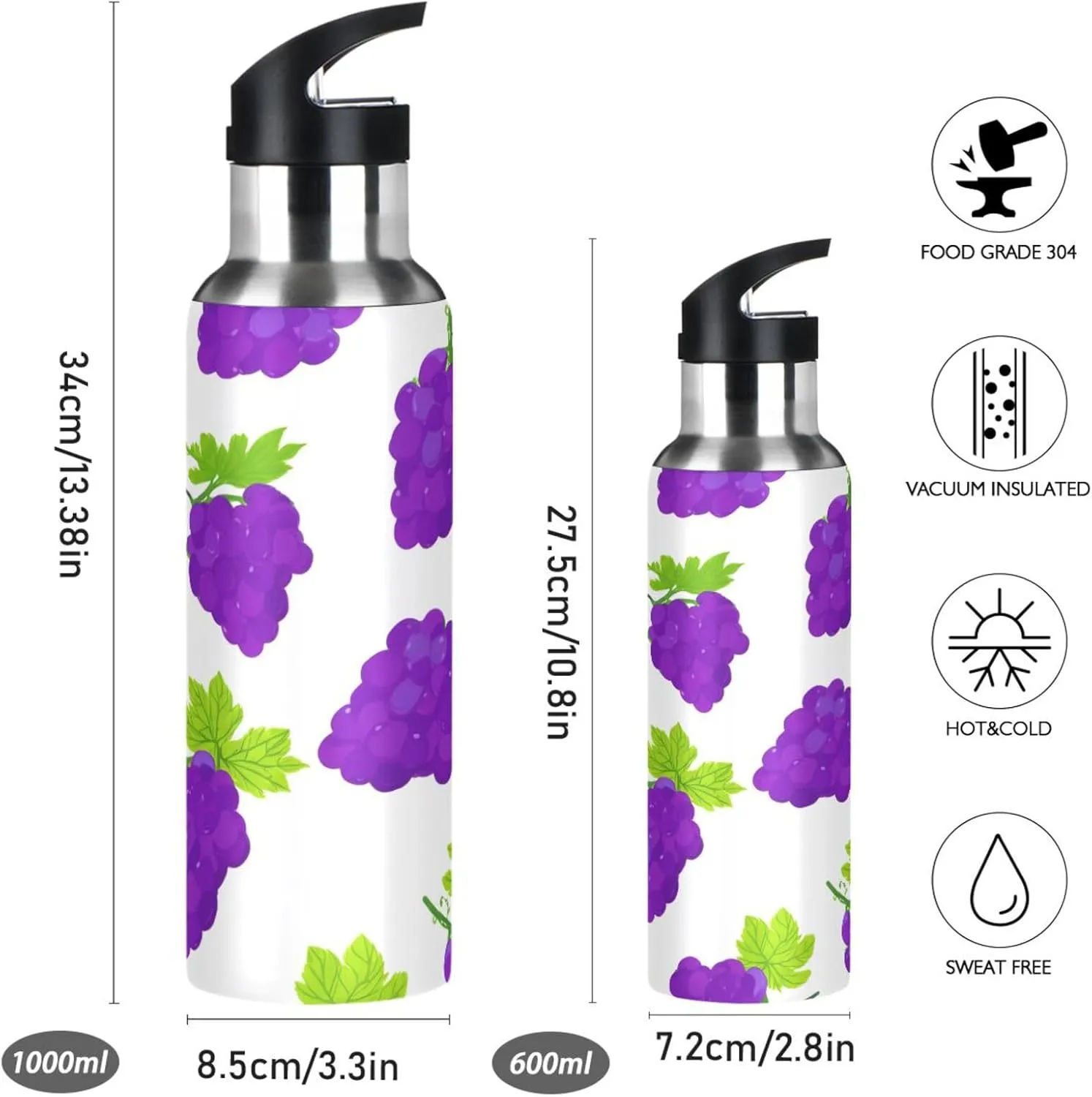 Grapes Sports Water Bottle with Straw, 22oz BPA Free Stainless Steel Vacuum Insulated Bottle for Gym Fitness Outdoor