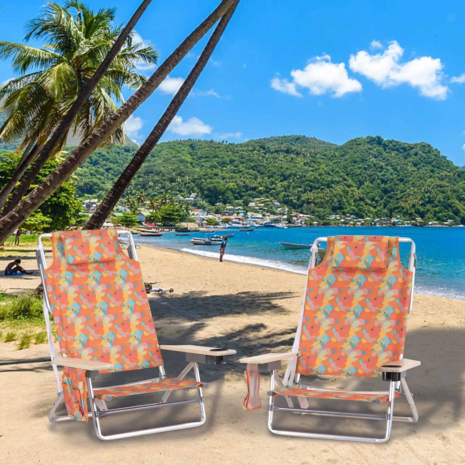 GREEN PARTY Backpack Beach Chairs 2 Pack Aluminum Lightweight Folding Reclining Beach Chairs, 4 Positions Classic Lay Flat, Cooler Bag, and Armrest for Outdoor Camping Lawn, Support 250LBS