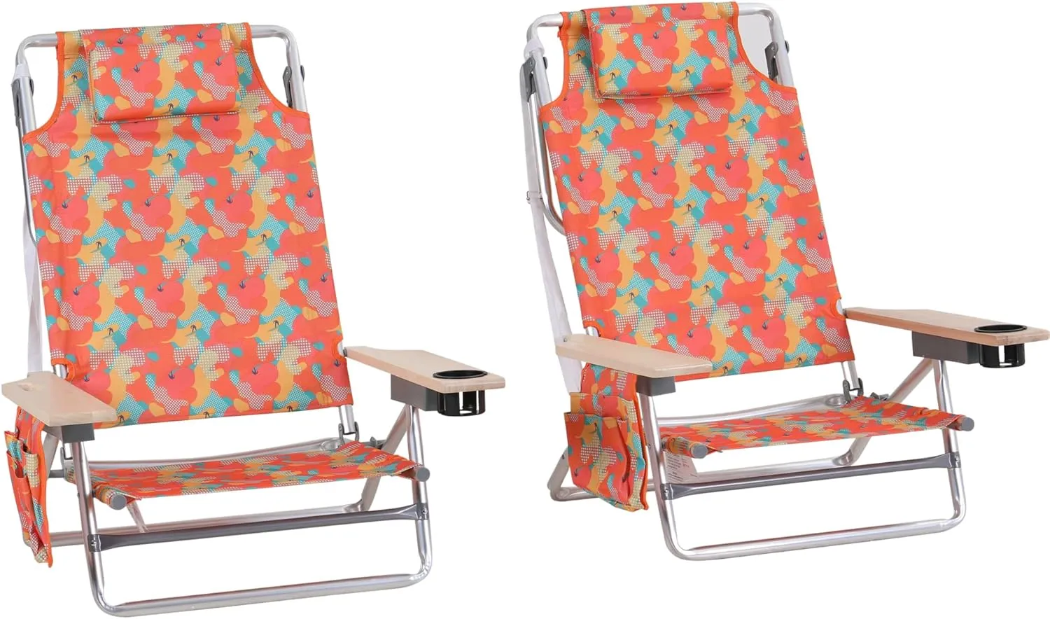 GREEN PARTY Backpack Beach Chairs 2 Pack Aluminum Lightweight Folding Reclining Beach Chairs, 4 Positions Classic Lay Flat, Cooler Bag, and Armrest for Outdoor Camping Lawn, Support 250LBS