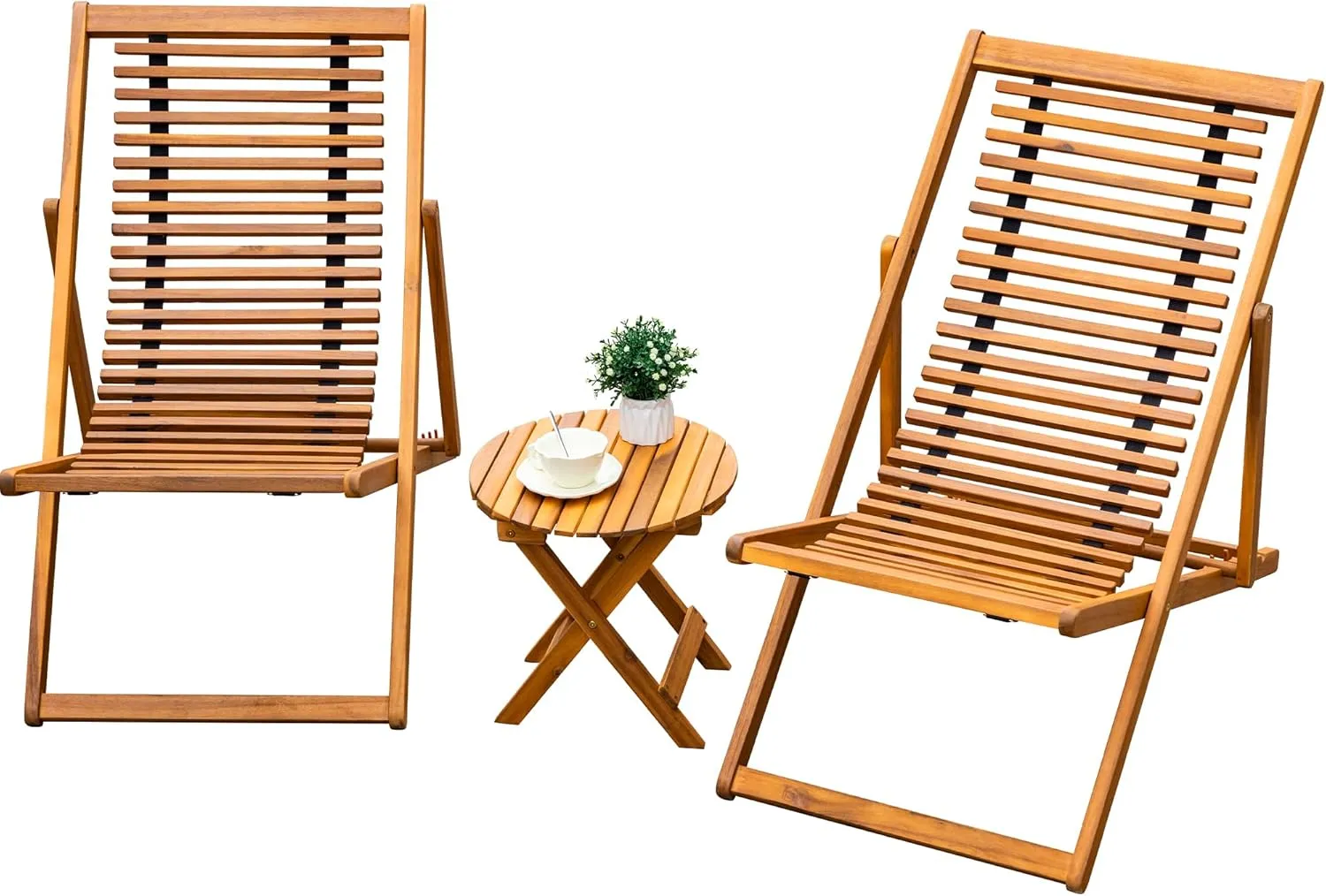 Greesum 3 Piece Patio Folding Recliner Bistro Set Acacia Wood Chairs Outdoor Chaise Lounge for Backyard Garden Pool Deck, Natural