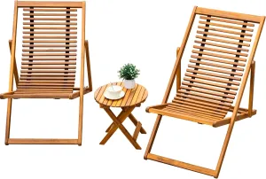 Greesum 3 Piece Patio Folding Recliner Bistro Set Acacia Wood Chairs Outdoor Chaise Lounge for Backyard Garden Pool Deck, Natural