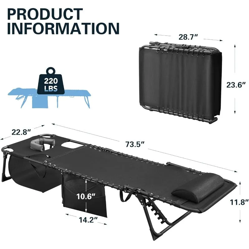 Greesum Chaise Lounge Folding Tanning Chair with 5 Position Adjustable Back Detachable Pillow and Pocket for Outside Pool Beach Sunbathing Black w Face Hole