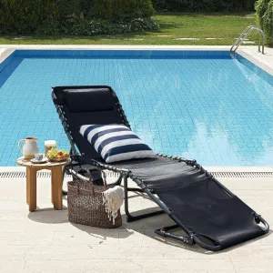 Greesum Chaise Lounge Folding Tanning Chair with 5 Position Adjustable Back Detachable Pillow and Pocket for Outside Pool Beach Sunbathing Black w Face Hole
