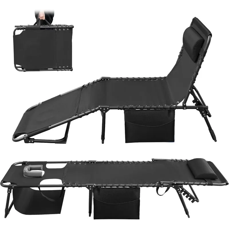 Greesum Chaise Lounge Folding Tanning Chair with 5 Position Adjustable Back Detachable Pillow and Pocket for Outside Pool Beach Sunbathing Black w Face Hole