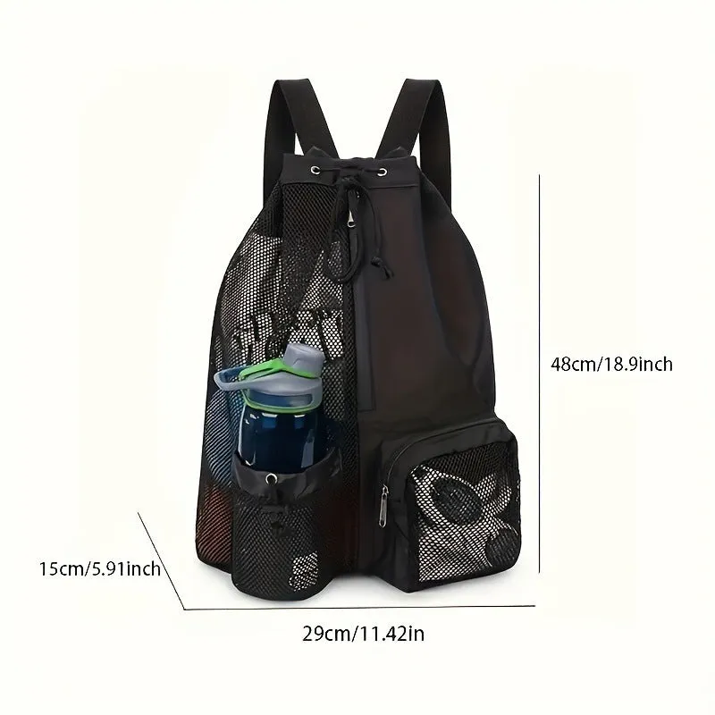Grey Mesh Drawstring Hiking Backpack with Wet Pocket - Lightweight Beach, Gym, Outdoor Sports Bag - 245g