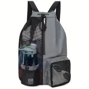 Grey Mesh Drawstring Hiking Backpack with Wet Pocket - Lightweight Beach, Gym, Outdoor Sports Bag - 245g