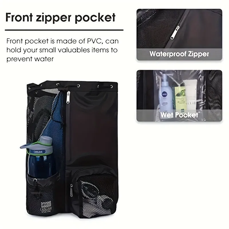 Grey Mesh Drawstring Hiking Backpack with Wet Pocket - Lightweight Beach, Gym, Outdoor Sports Bag - 245g