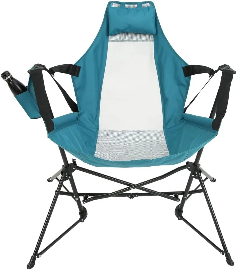 Hammock Camping Chair, Folding Portable Rocking Chair, Aluminum Alloy Adjustable Back Swinging Chair with Pillow Cup Holder, Recliner with Carry Bag for Outdoor Travel Lawn Backyard (Blue)