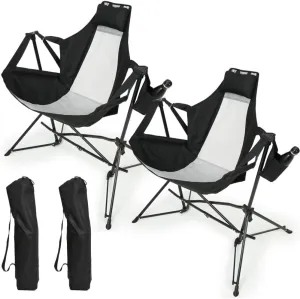 Hammock Camping Chair, Folding Portable Rocking Chair, Aluminum Alloy Adjustable Back with Pillow Cup Holder, Recliner with Carry Bag for Outdoor Travel Lawn Backyard, Black (2pcs)