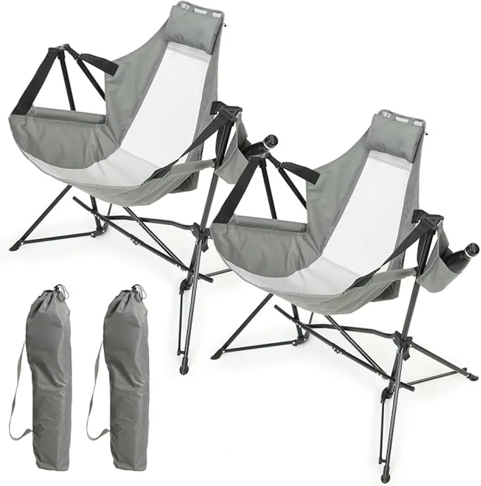 Hammock Camping Chair, Folding Portable Rocking Chair, Aluminum Alloy Adjustable Back with Pillow Cup Holder, Recliner with Carry Bag for Outdoor Travel Lawn Backyard, Black (2pcs)