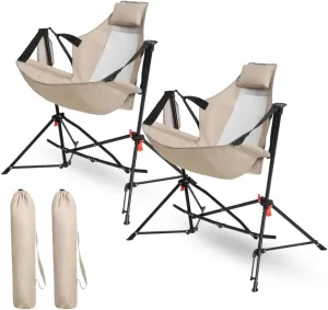 Hammock Camping Chair, Folding Portable Rocking Chair, Aluminum Alloy Adjustable Back with Pillow Cup Holder, Recliner with Carry Bag for Outdoor Travel Lawn Backyard, Black (2pcs)
