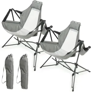 Hammock Camping Chair, Folding Portable Rocking Chair, Aluminum Alloy Adjustable Back with Pillow Cup Holder, Recliner with Carry Bag for Outdoor Travel Lawn Backyard, Black (2pcs)