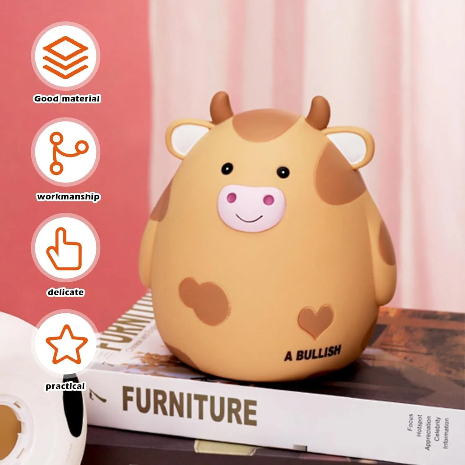 H&W Cow Piggy Bank, L Size, Unbreakable Coin Box for Kids, Cute Animal Money Bank Birthday for Boys Girls,Coin Saving Boxes (Yellow)