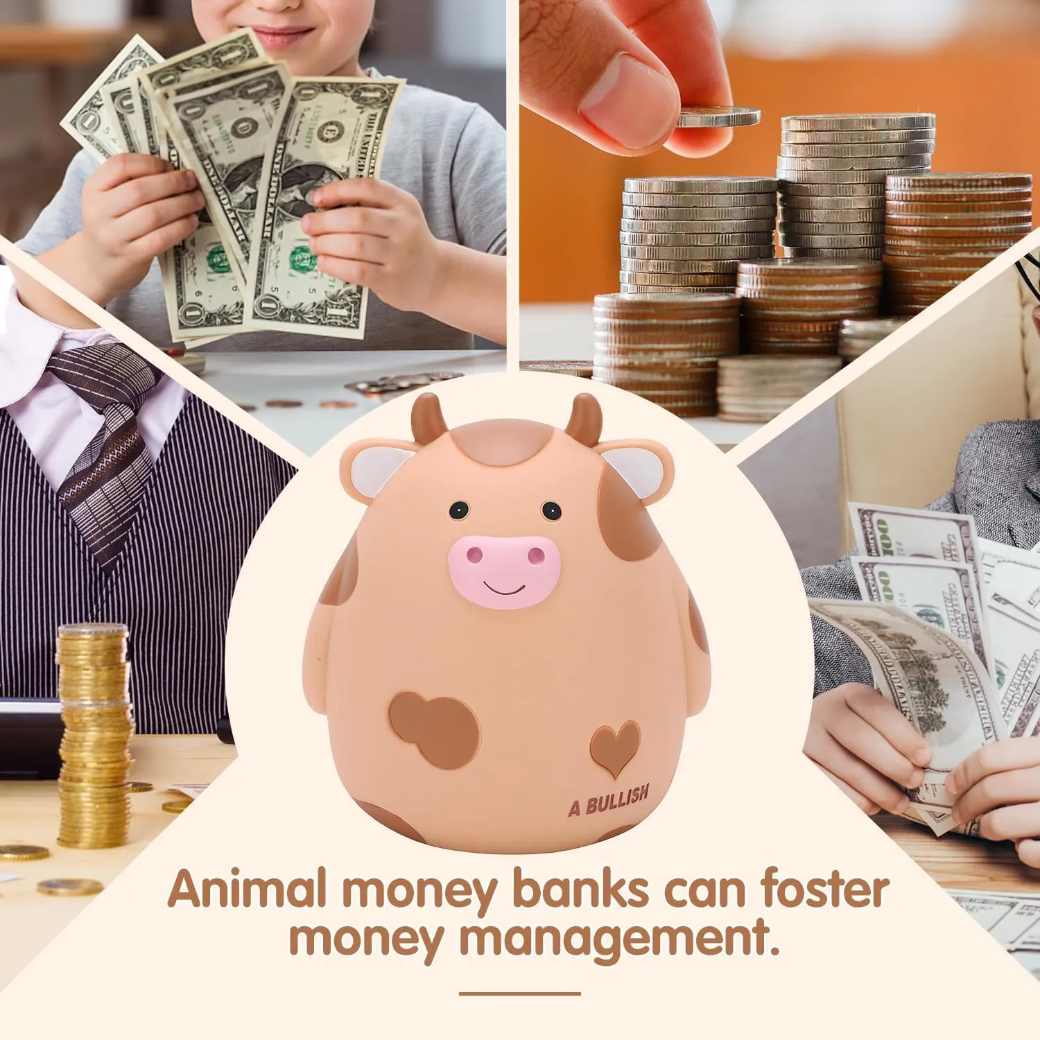 H&W Cow Piggy Bank, L Size, Unbreakable Coin Box for Kids, Cute Animal Money Bank Birthday for Boys Girls,Coin Saving Boxes (Yellow)