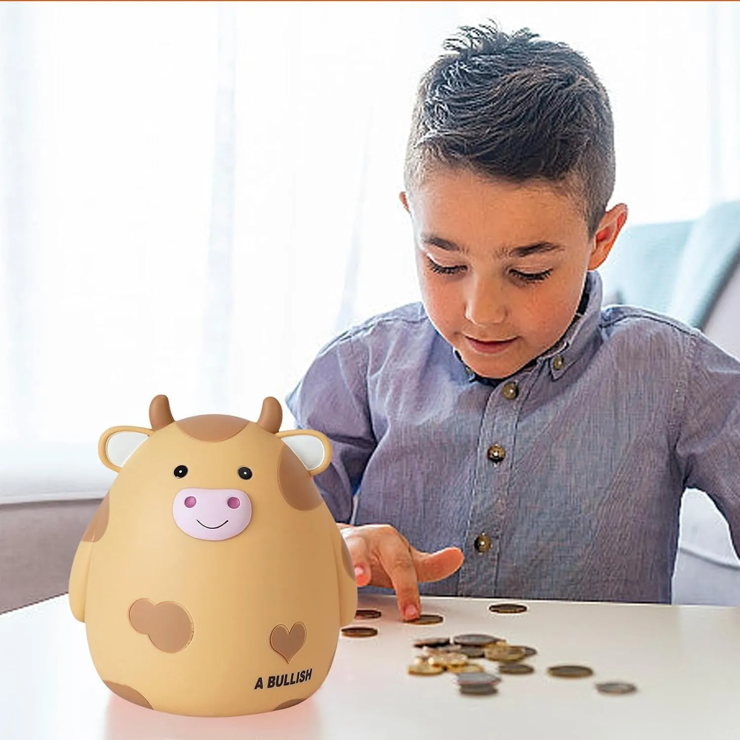 H&W Cow Piggy Bank, L Size, Unbreakable Coin Box for Kids, Cute Animal Money Bank Birthday for Boys Girls,Coin Saving Boxes (Yellow)