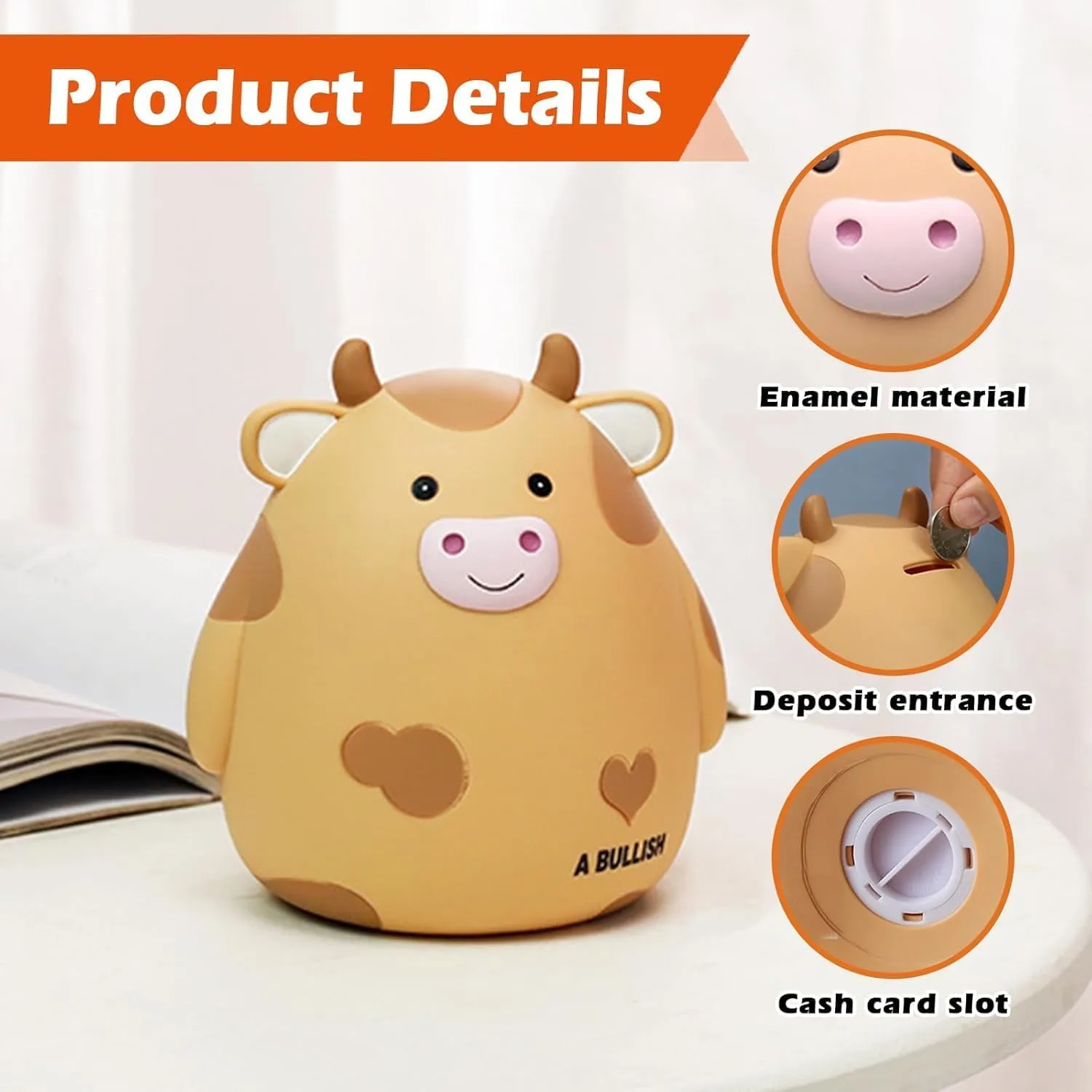 H&W Cow Piggy Bank, L Size, Unbreakable Coin Box for Kids, Cute Animal Money Bank Birthday for Boys Girls,Coin Saving Boxes (Yellow)