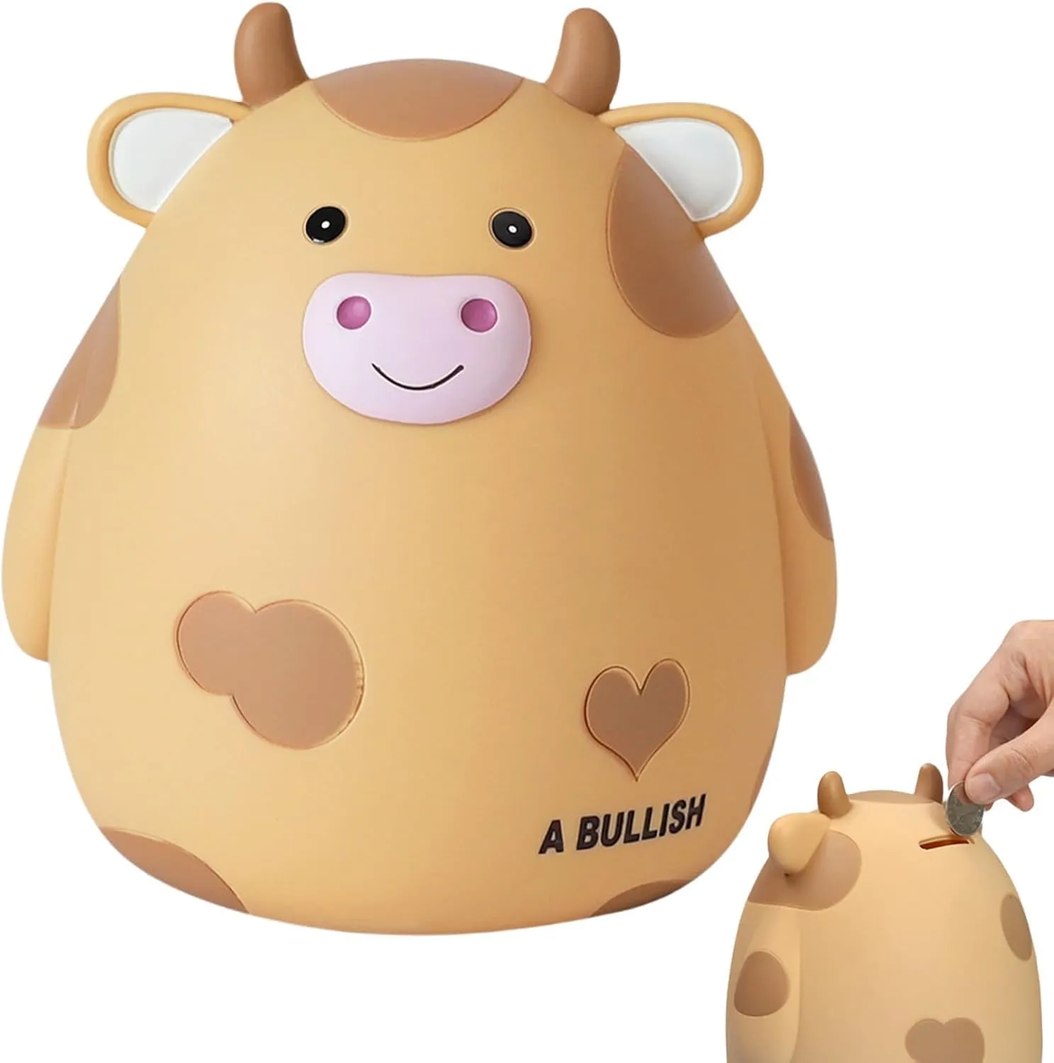 H&W Cow Piggy Bank, L Size, Unbreakable Coin Box for Kids, Cute Animal Money Bank Birthday for Boys Girls,Coin Saving Boxes (Yellow)