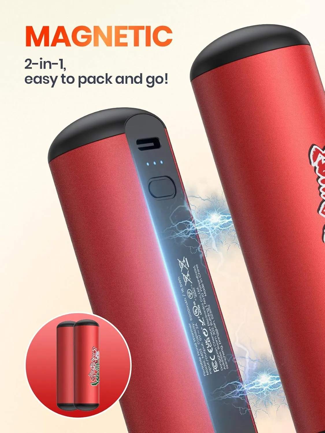 Hand Warmers Rechargeable 10000mAh - Warmco 2 Pack USB C Power Bank, 9hrs Heat, 3 Levels, Reusable Magnetic Electric Hand Warmers Portable Chargers for Outdoors, Christmas, and Birthdays