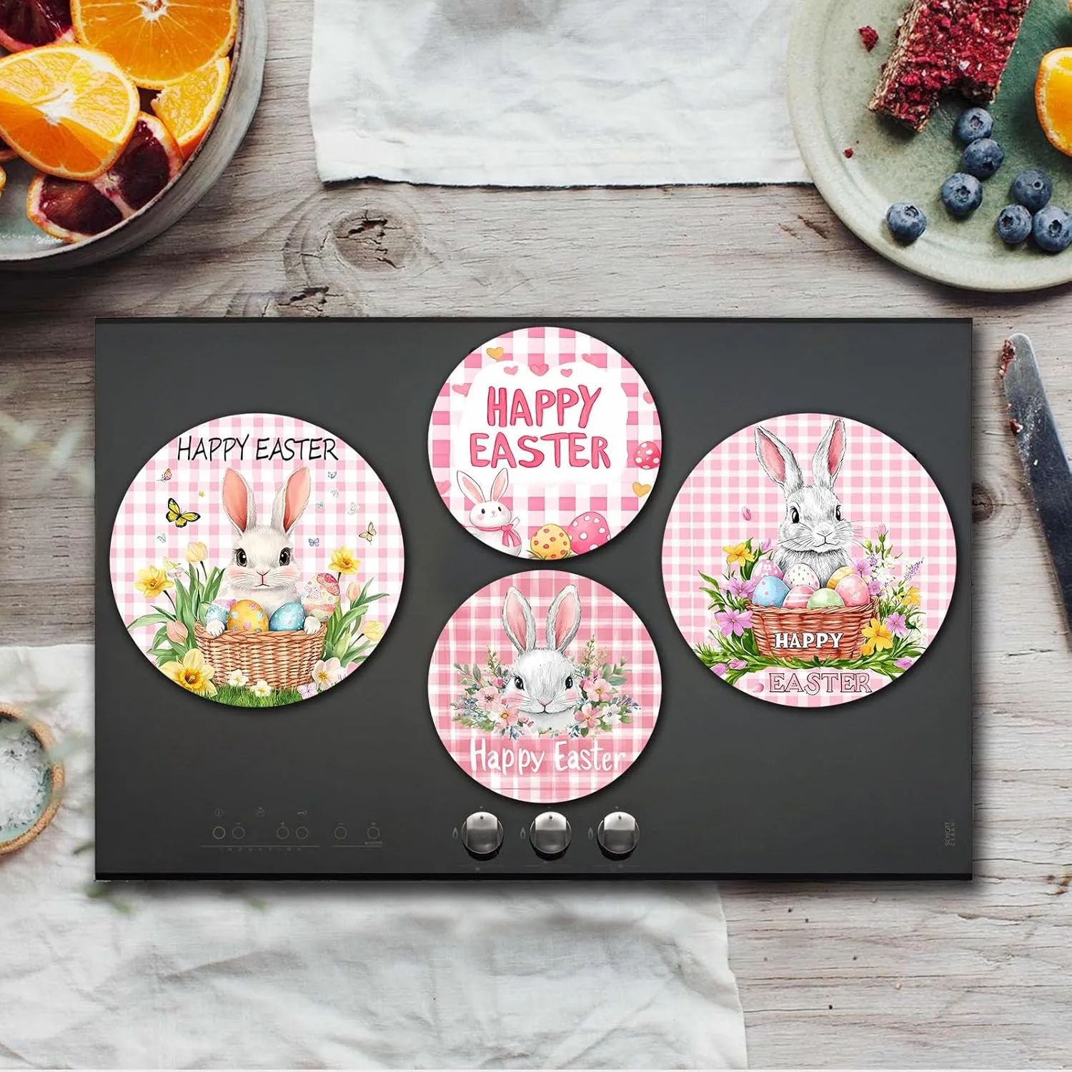 Happy Easter Day Art Stove Burner Covers Set of 4, Flowers,Butter Stove Top Covers for Gas Burners,Animal Rabbit Pattern Electric Stove,Gas Stove Burner Covers,Metal Stove Burner Cover Gift(Pink)