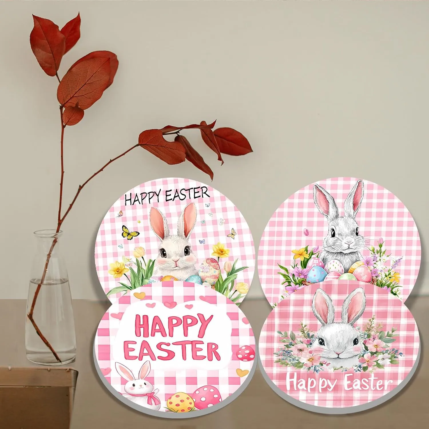 Happy Easter Day Art Stove Burner Covers Set of 4, Flowers,Butter Stove Top Covers for Gas Burners,Animal Rabbit Pattern Electric Stove,Gas Stove Burner Covers,Metal Stove Burner Cover Gift(Pink)