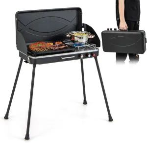 HAPPYGRILL 2-Burner Propane Camping Stove, Portable Gas Grill Cooker with Removable Leg Stand, Roast Grill, Dual Control Knobs, Wind Guards, Outdoor Grill Stove for Camping BBQ Picnic