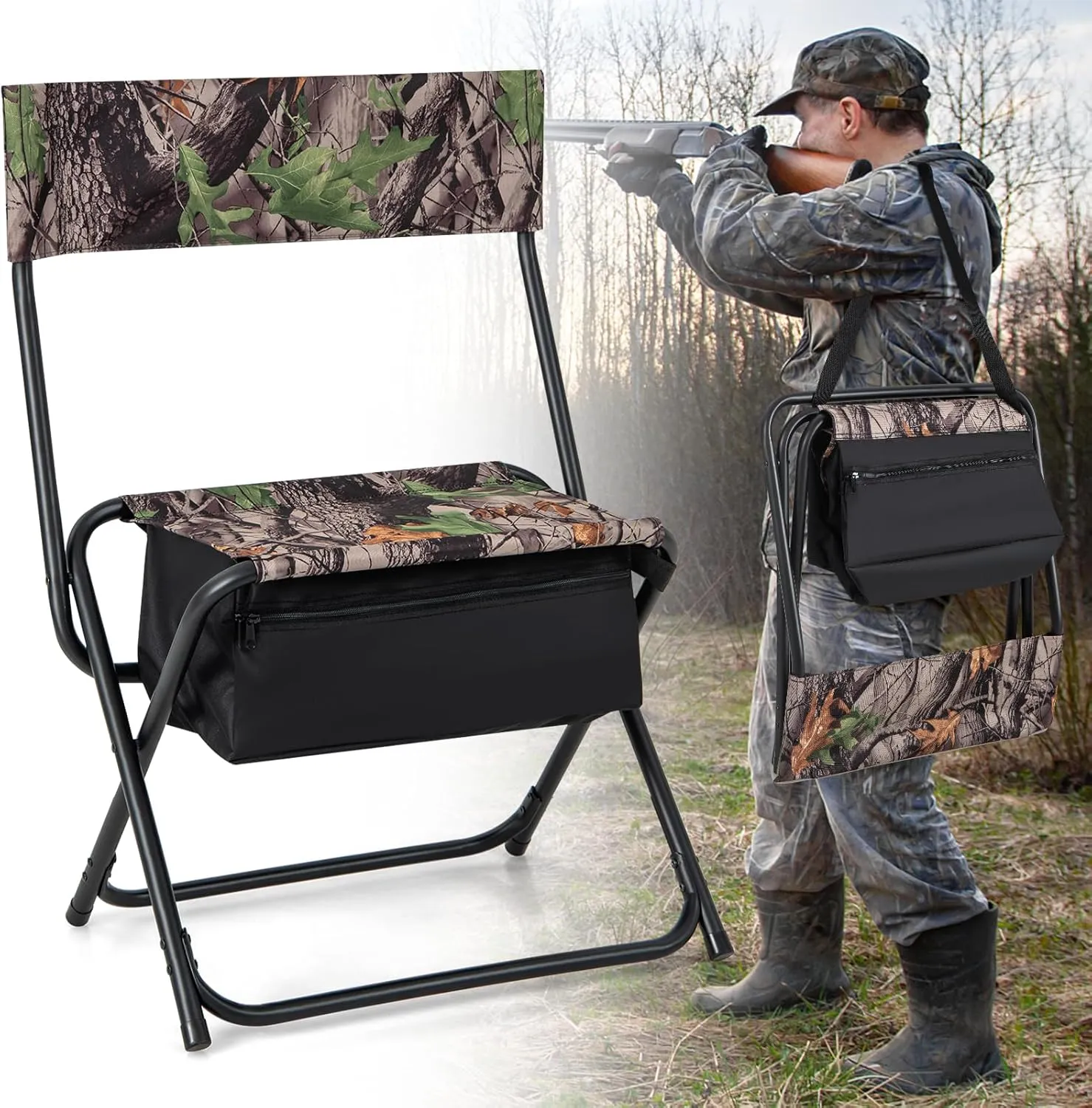 HAPPYGRILL Hunting Chair with Storage, Lightweight Folding Hunt Seat with Insulated Cooler Bag & Metal Frame, High-Back Blind Chair for Camping Fishing