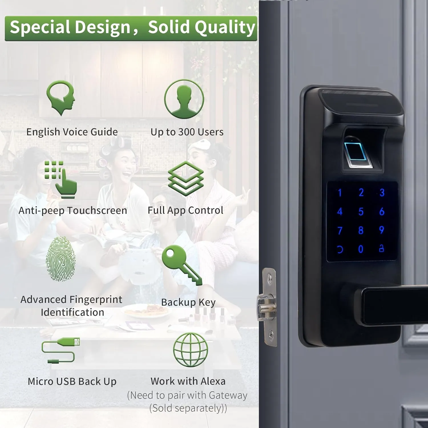 Harfo Smart Door Lock, Heavy Duty 5 in 1 Keyless Entry Door Lock, Full App Control Digital Keypad Lock, Reversible Handle with Fingerprints and Passcodes for Family/Office/Apartment (Black)