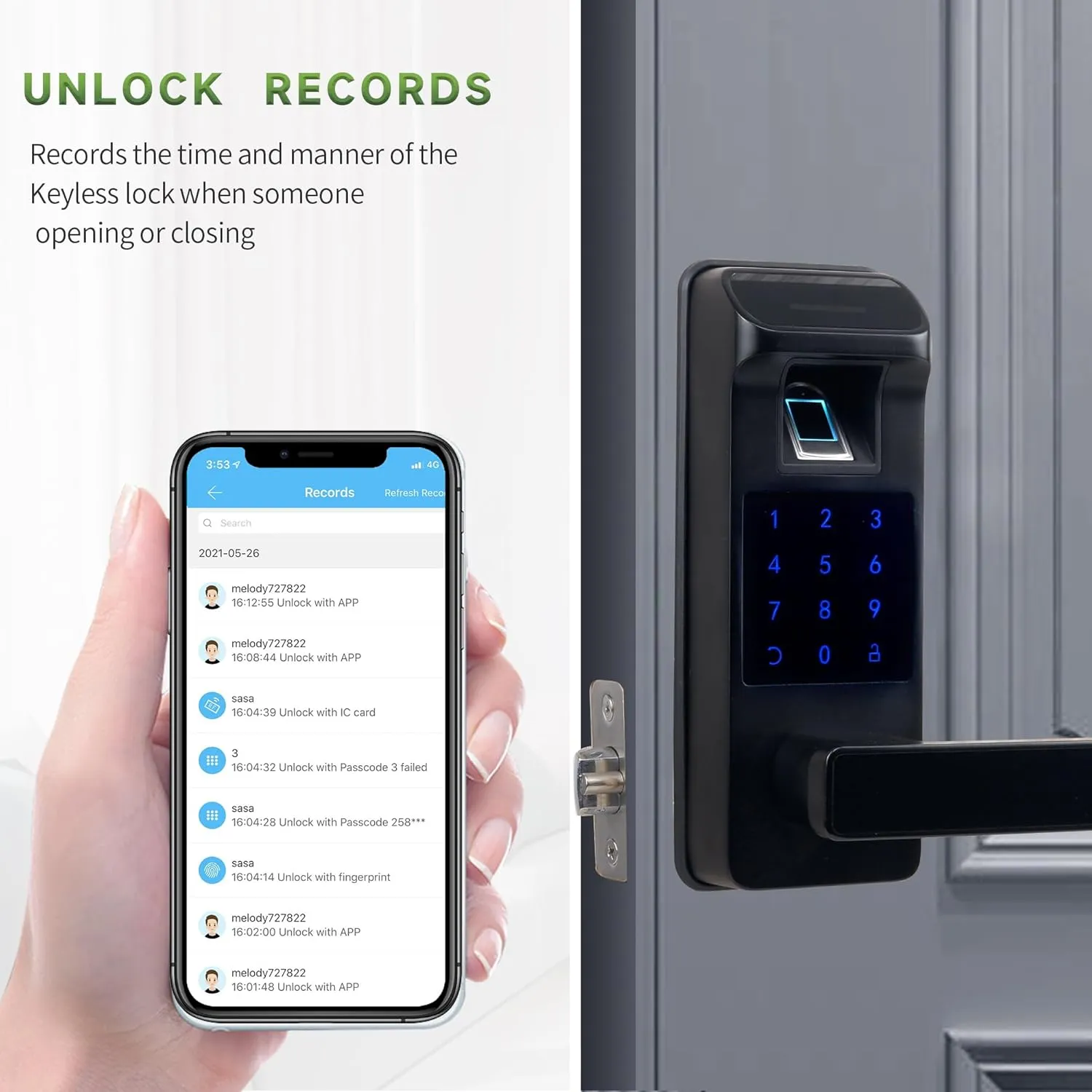 Harfo Smart Door Lock, Heavy Duty 5 in 1 Keyless Entry Door Lock, Full App Control Digital Keypad Lock, Reversible Handle with Fingerprints and Passcodes for Family/Office/Apartment (Black)
