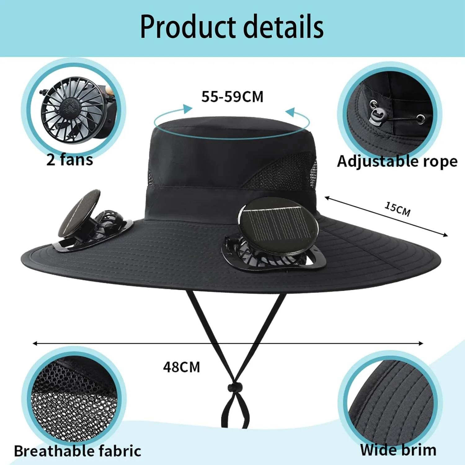 Hat with Fans Solar Power, Solar Fan Hat for Men Women, 2 Solar Fan Sun & USB Charging Sombrero Con Ventilador Solar