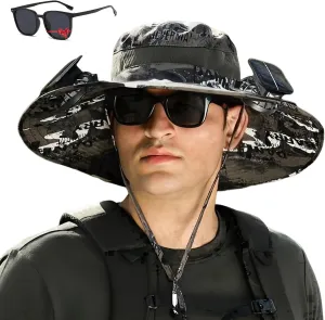 Hat with Fans Solar Power, Sun Hat with Solar Powered Fans, Wide Brim Solar Fan Outdoor Fishing Hat-Solar & USB Charging
