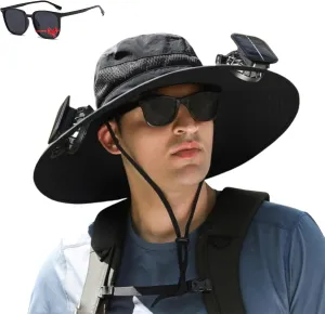 Hat with Fans Solar Power, Sun Hat with Solar Powered Fans, Wide Brim Solar Fan Outdoor Fishing Hat-Solar & USB Charging
