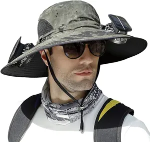 Hat with Fans Solar Power Wide Brim Solar Fan Hat Outdoor Sun Hat with 2 Solar Fan Fishing & Beach Hat
