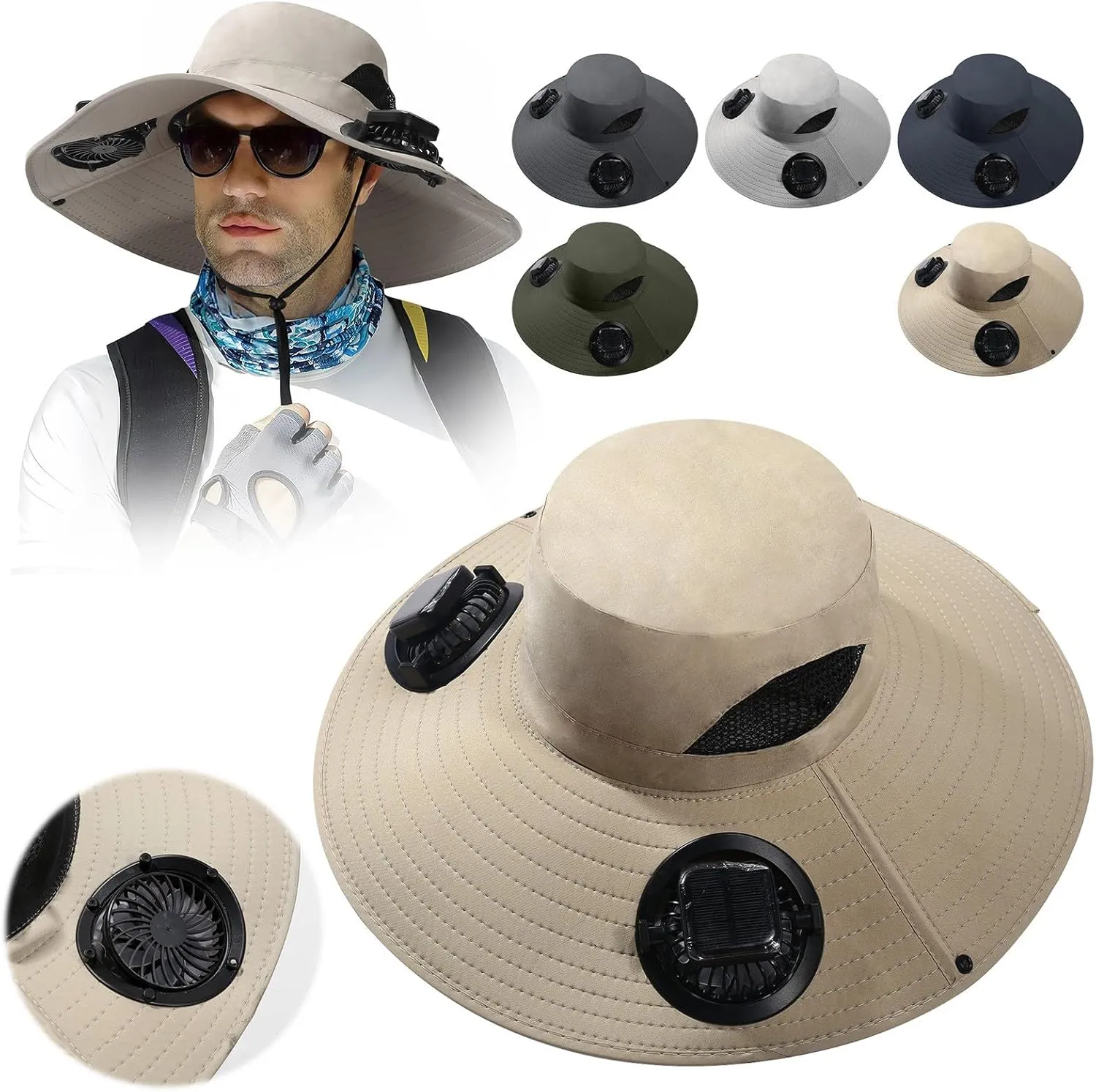 Hat with Fans Solar Power,Wide Brim Sun Hat with 2 Solar Fan Powered Fans Waterproof Breathable Bucket Hat