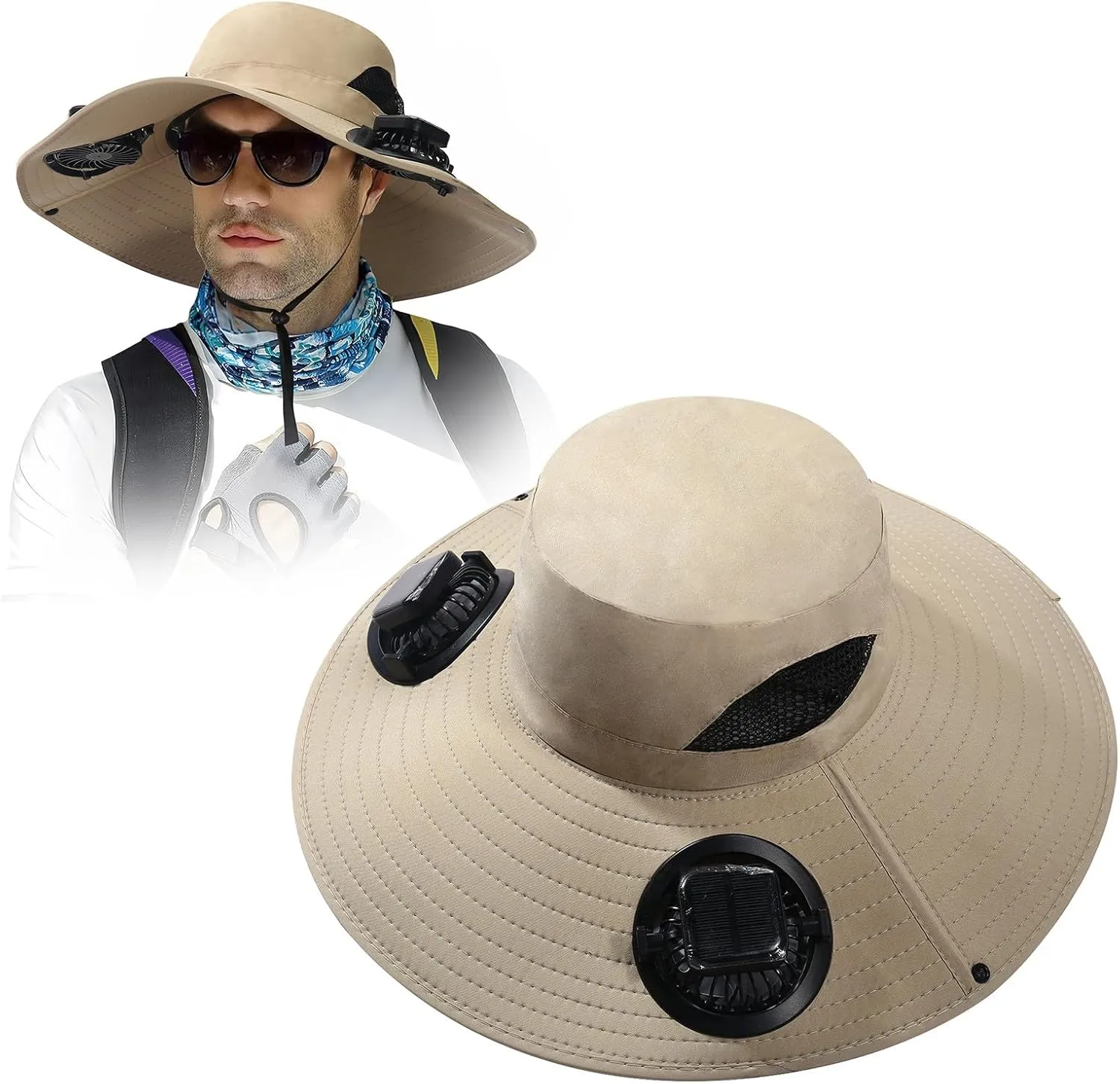 Hat with Fans Solar Power,Wide Brim Sun Hat with 2 Solar Fan Powered Fans Waterproof Breathable Bucket Hat