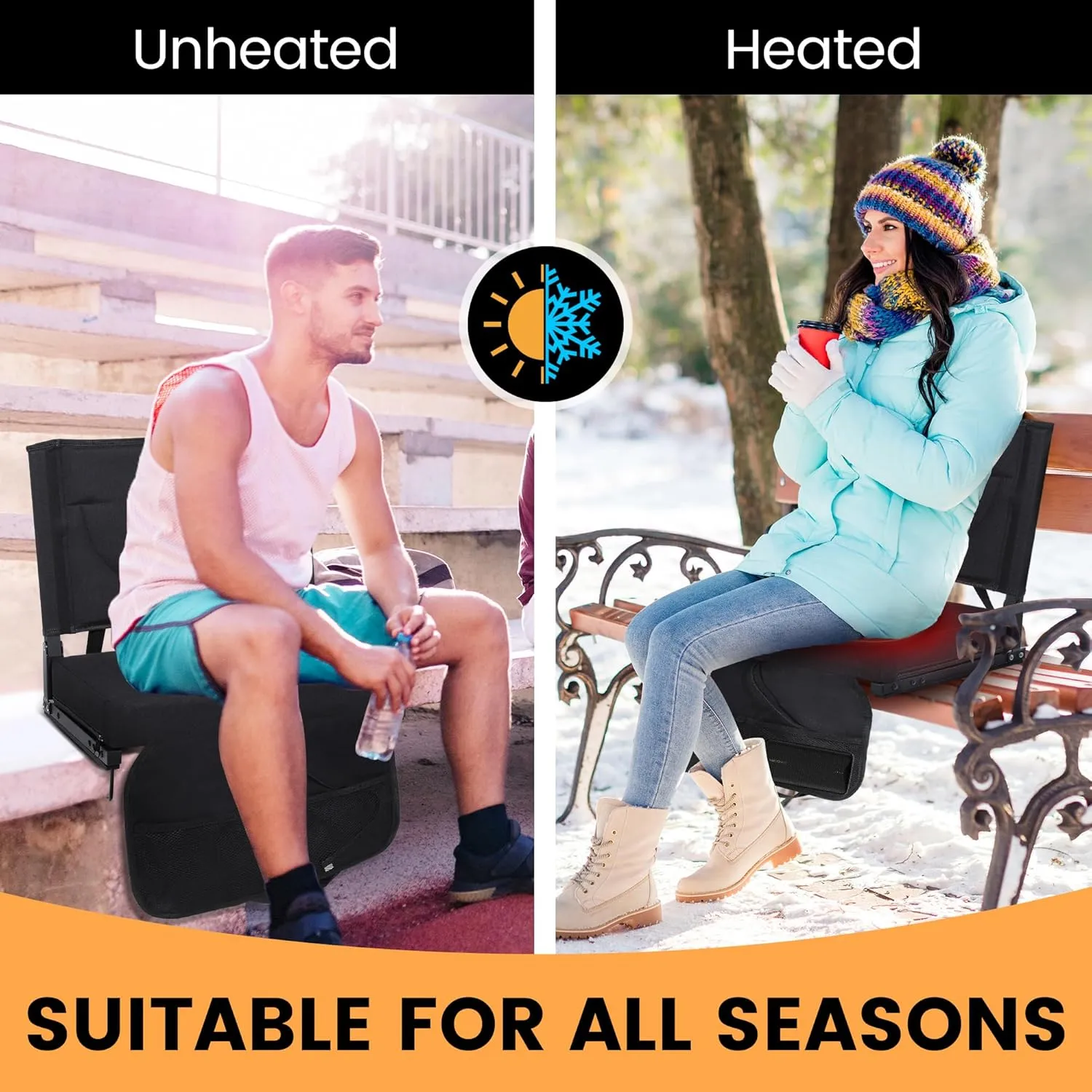 Heated Stadium Seats with Backrest and Cushion, Portable and Lightweight, Ideal for Camping, Beach, Sporting Events, Folds to Compact Size, Extra Wide, USB Battery Not Included