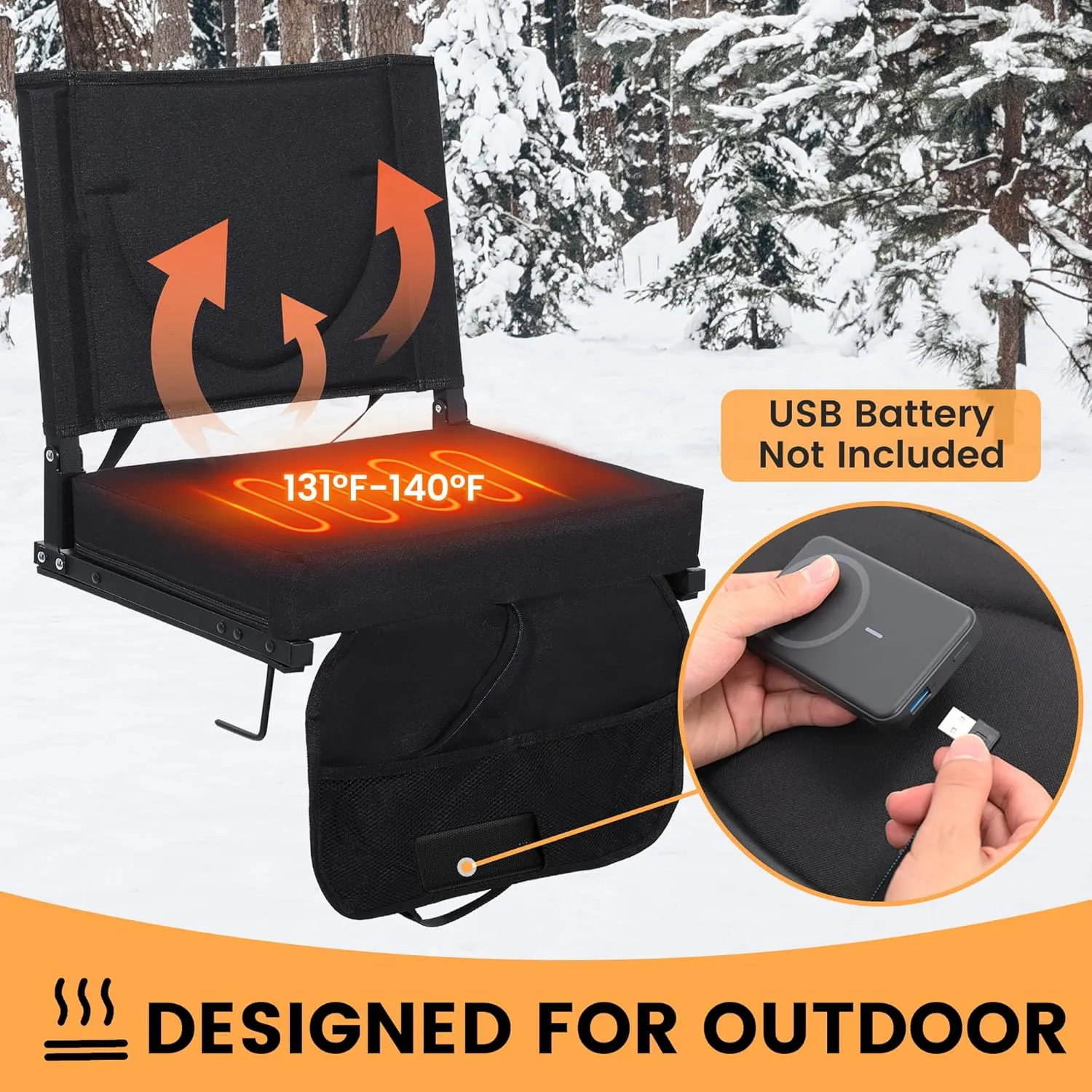 Heated Stadium Seats with Backrest and Cushion, Portable and Lightweight, Ideal for Camping, Beach, Sporting Events, Folds to Compact Size, Extra Wide, USB Battery Not Included
