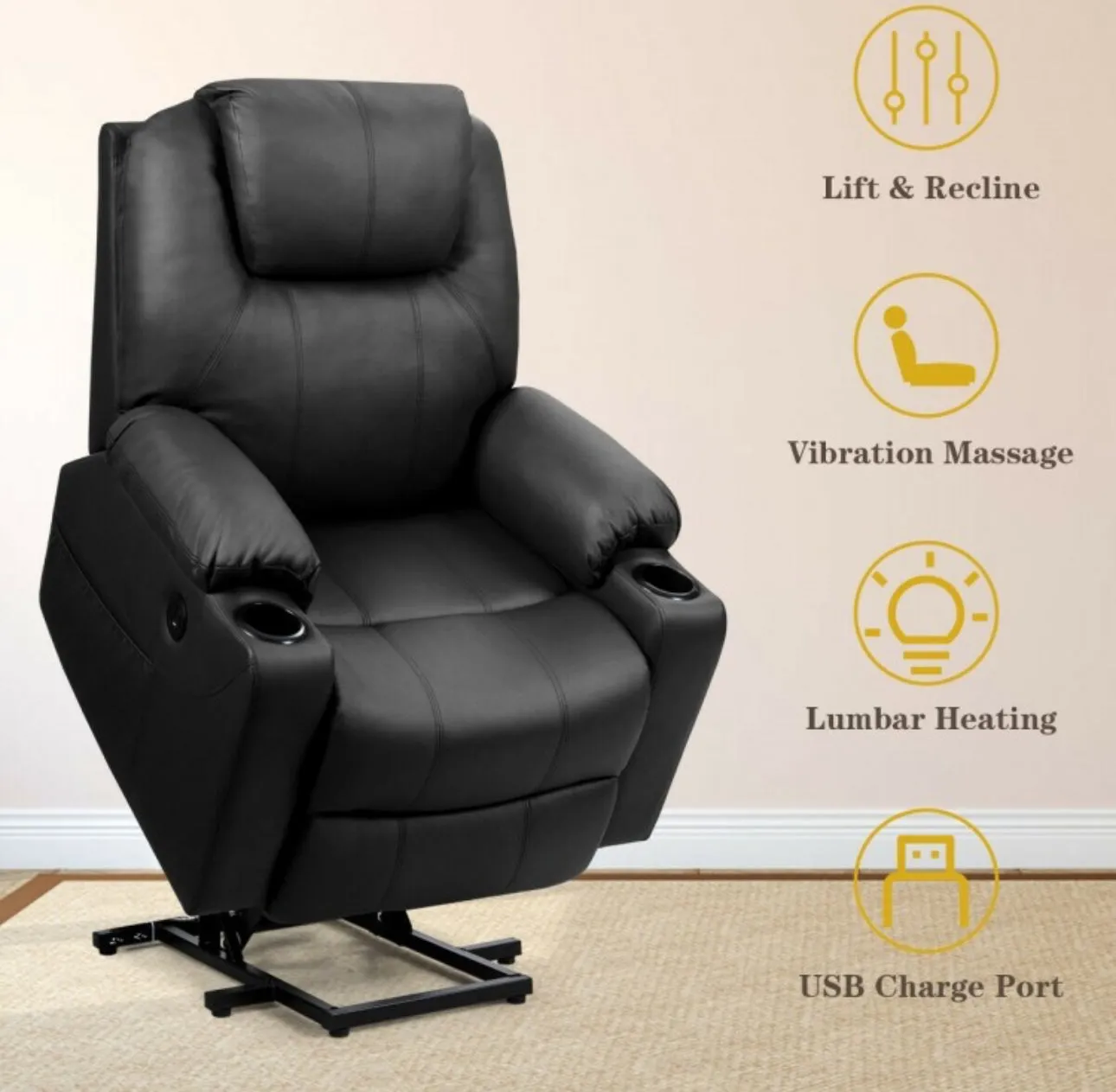 Heavy Duty Modern & Elegant Electric Power Lift Multifunction Electric Recliner With Massage Features | 2 Side Pockets | Cup Holders | Lumbar Heating | USB Charge Port