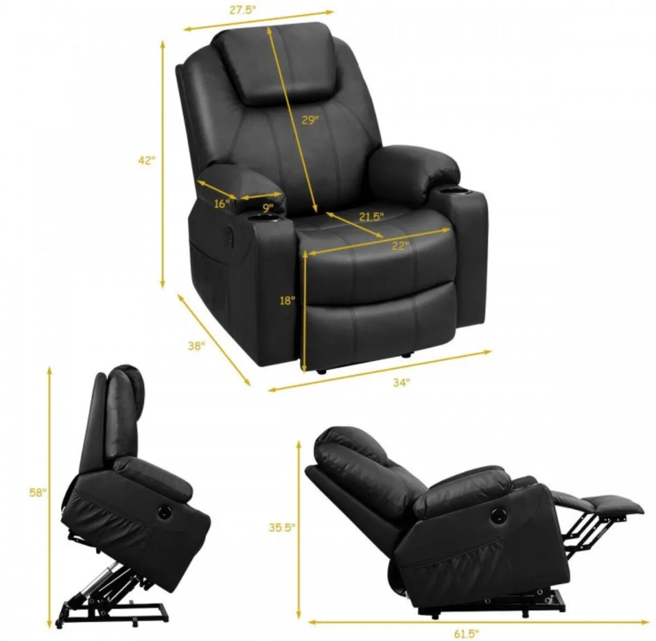 Heavy Duty Modern & Elegant Electric Power Lift Multifunction Electric Recliner With Massage Features | 2 Side Pockets | Cup Holders | Lumbar Heating | USB Charge Port