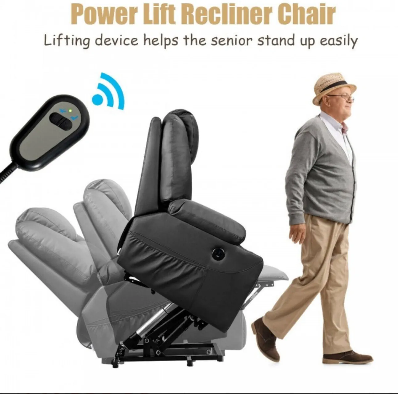 Heavy Duty Modern & Elegant Electric Power Lift Multifunction Electric Recliner With Massage Features | 2 Side Pockets | Cup Holders | Lumbar Heating | USB Charge Port