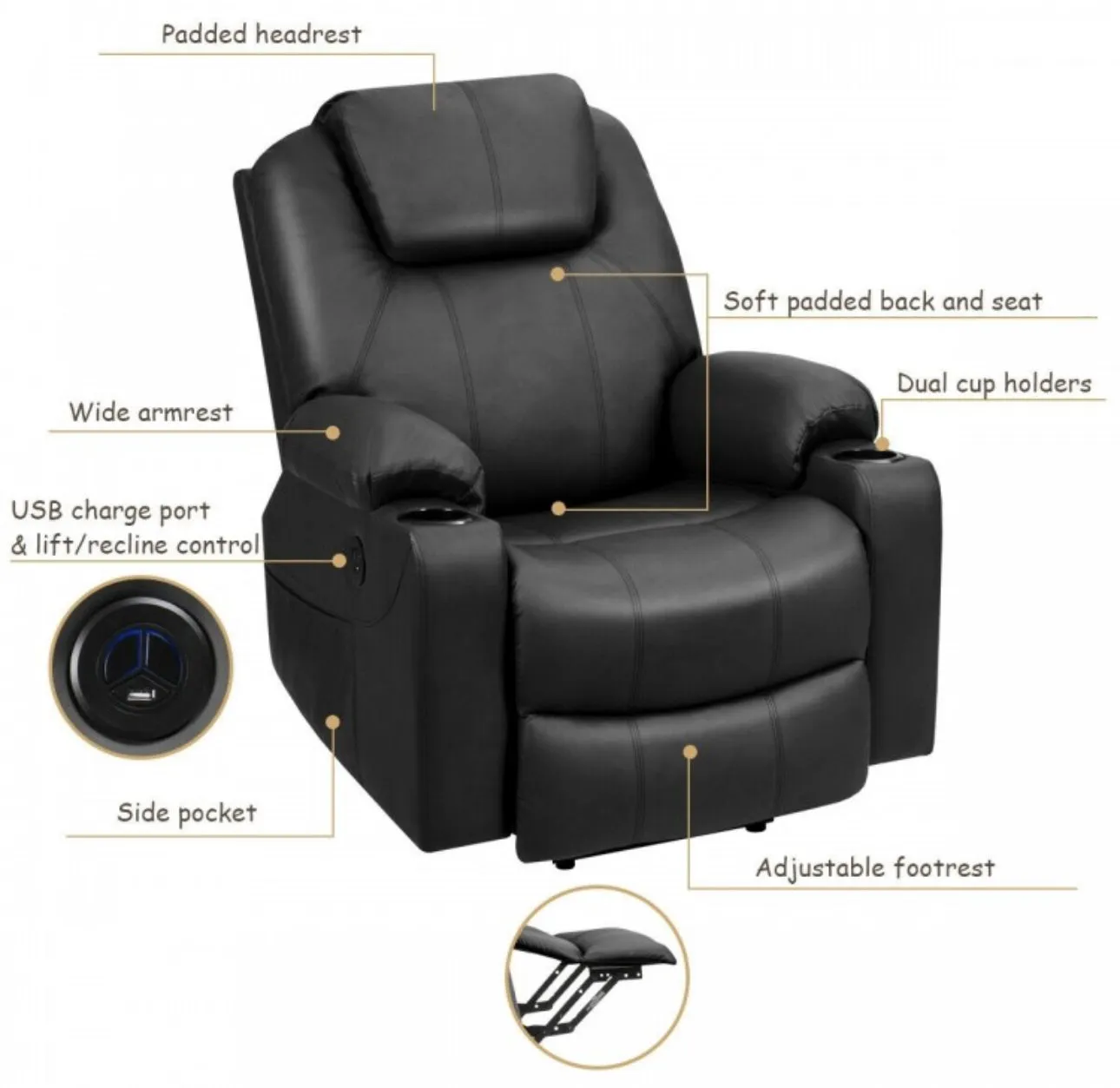 Heavy Duty Modern & Elegant Electric Power Lift Multifunction Electric Recliner With Massage Features | 2 Side Pockets | Cup Holders | Lumbar Heating | USB Charge Port